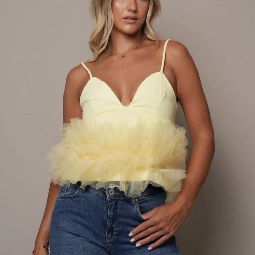 Zara Tulle Tank Blouse Babydoll Peplum Top Butter Yellow NWT Sz S 4772/005/300 - Picture 2 of 7